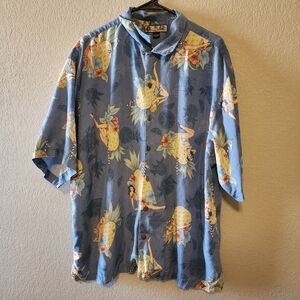 Tommy Bahama Shirt Mens XL Blue Silk Hawaiian Camp Pineapple Hula Pinup Girl